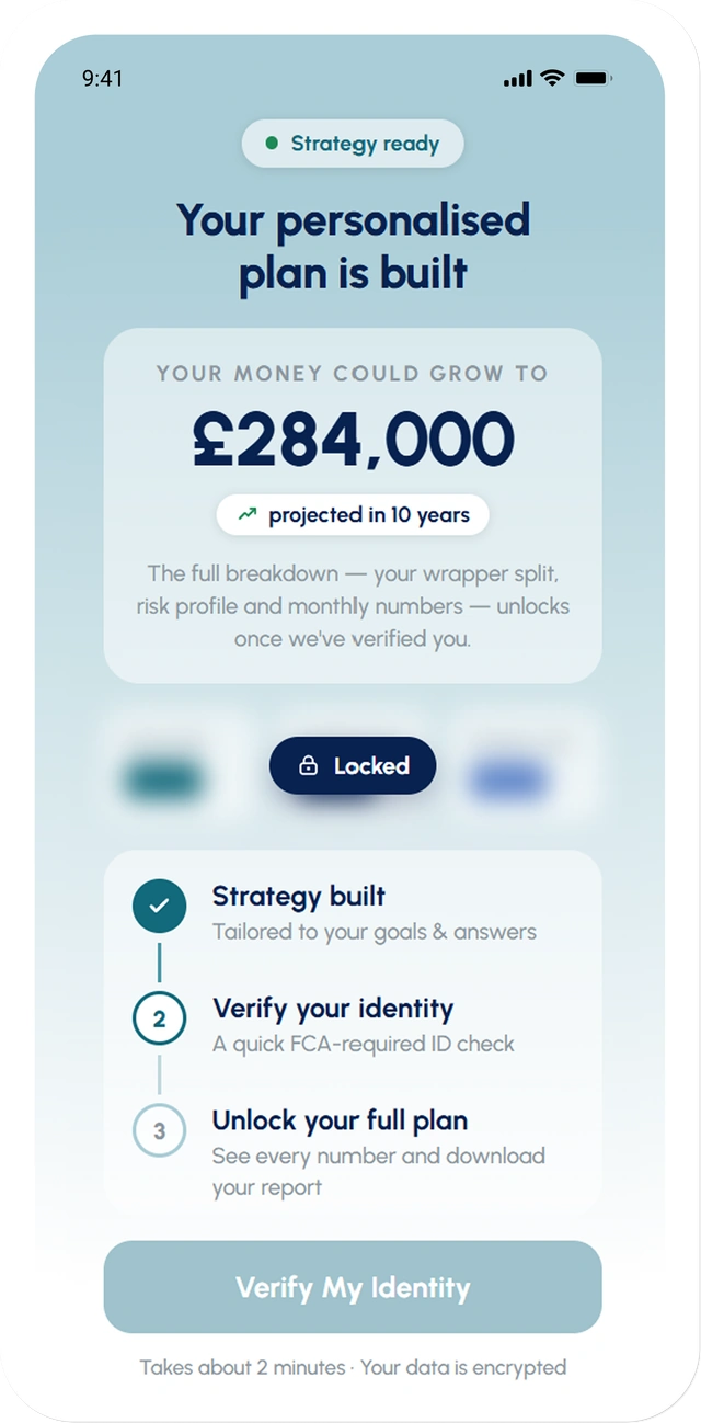 The Count app showing a personalised plan marked strategy ready, a projected value of £284,000 over ten years, and a locked step asking the user to verify their identity